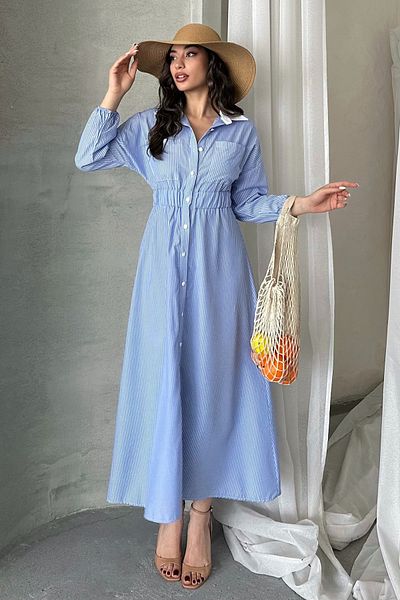 MD trend Rochie lungă cu guler cu nasturi în dungi pentru femei, cu talie elastică