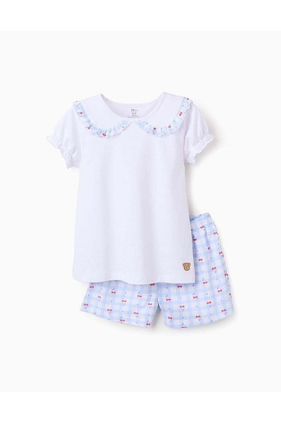 Ziddy Cotton Pyjama with Frills for Girls 'Cherries', White/Blue