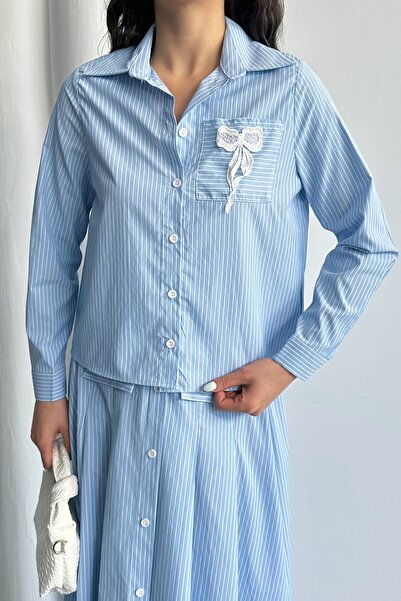 MD trend Women's Striped Pocket Detailed Buttoned Shirt-Skirt Two-Piece Set