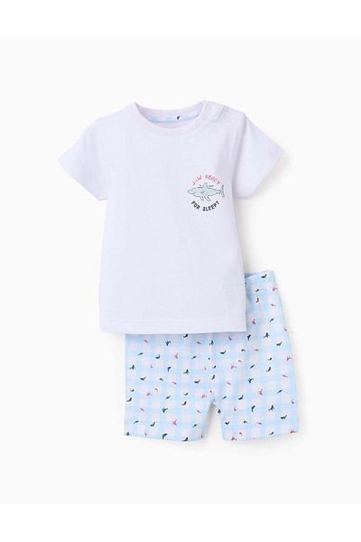 Ziddy Cotton Pyjama with Check for Baby Boys 'Shark', White/Blue