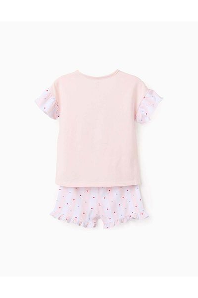 Ziddy Cotton Pyjama with Ruffles and Motif for Girls, Pink/White