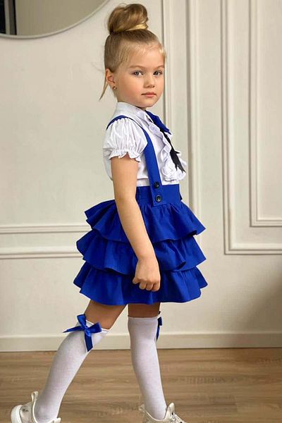 Riccotarz Girl's Balloon Sleeve Ruffled Collar Shirt, Layered Ruffled Blue Skirt, Salopet Set