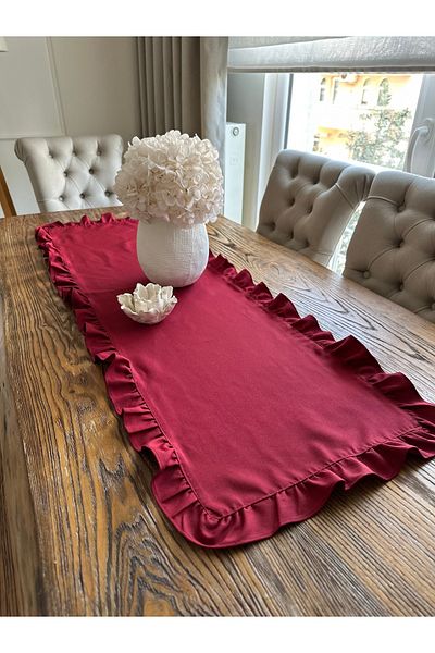 Decamor home Linen Carefree Stain Resistant Vintage Full Ruffled Burgundy Runner
