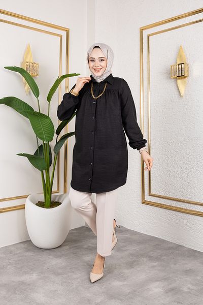 Nevayla Moda Gathered Front Ankle Elastic Tunic - Black / Ü104