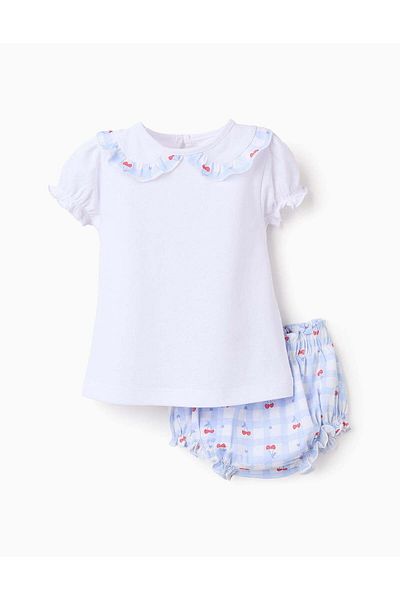 Ziddy Cotton Pyjama with Frills for Baby Girls 'Cherries', White/Blue