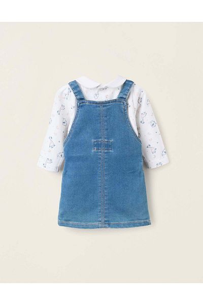 Ziddy Safari Bodysuit + Denim Pinafore Dress for Newborn Girls, White/Blue