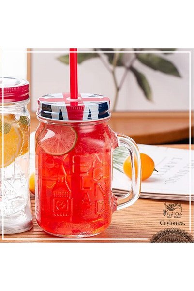 ODİ HOME 2 كوب زجاجي بغطاء وشفاطة، كوب إنجلترا مع شفاطة زجاجية كهدية، سعة 490 مل