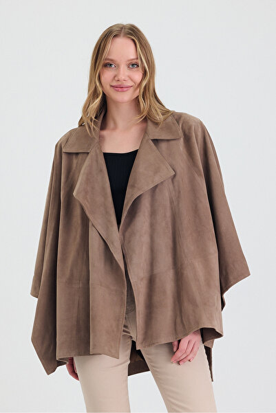 Orkır collection Hakiki Oğlak Derisi Süet Yarasa Kol MELENA Kadın Panço