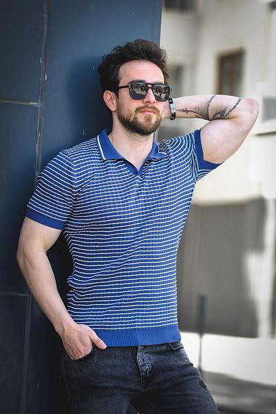 Oksit Ανδρικό πλεκτό μπλουζάκι Mirko ριγέ Lycra Slim Fit Polo Neck