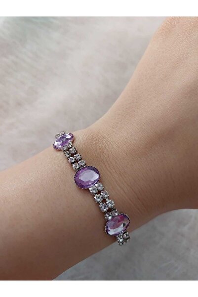 Avcıoğlu Aksesuar سوار نسائي 3 بيضاوي موديل زركون كريستال حجر مطلي بالفضة وعد...