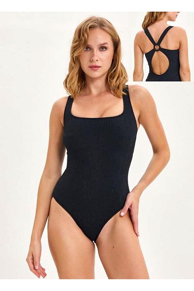 Argento 0569-2052 Black Textured Square Neck Rambo Swimsuit
