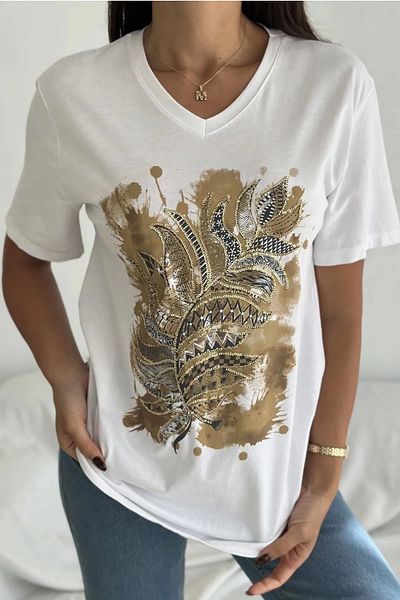 Bİ.GİYSEN Women's Large Size White V-Neck Front Patterned Sequin Embroidered 100% Cotton Combed Cotton Blouse