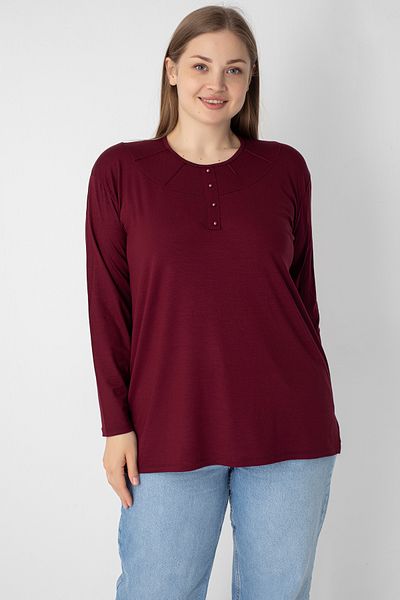 Orly More Viscose Fabric Mini Slit Plus Size Long Sleeve Mother Combed Cotton Blouse with Collar and Button Detail