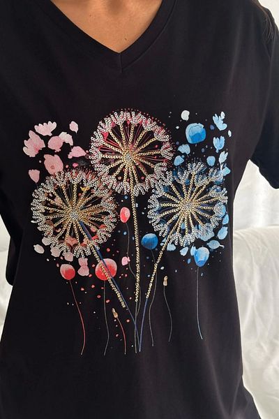 Bİ.GİYSEN Women's Large Size Black V-Neck Front Patterned Sequin Embroidered 100% Cotton Combed Cotton Buluz