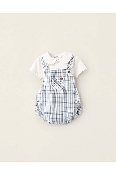 Ziddy Bodysuit + Checkered Jumpsuit for Newborns 'You&Me', White/Blue