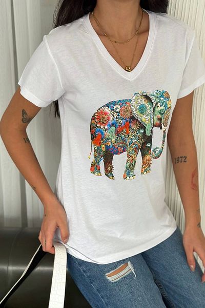 Bİ.GİYSEN Women's Large Size White V-Neck Front Elephant Embroidered Sequin Embroidered 100% Cotton Combed Cotton Buluz