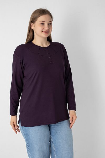 Orly More Viscose Fabric Mini Slit Plus Size Long Sleeve Mother Combed Cotton Blouse with Collar and Button Detail