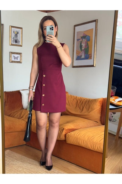 Butik Bordo gold düğme detaylı elbise