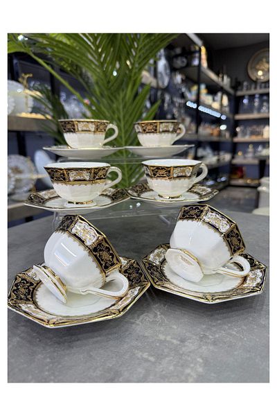 ROY KING Luxury Bone China Porcelain Cup Set 6 Landa 9 Running Retro Style Navy Blue
