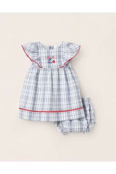 Ziddy Checked Dress + Bodysuit for Newborn Girls 'You&Me', White/Blue