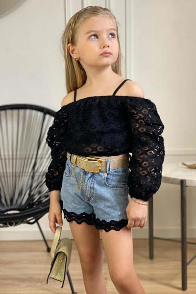 Riccotarz Girl's Square Neck Strap Tank Top Sheer Tulle Off Shoulder Blouse Lace Embroidered Jean Shorts Suit