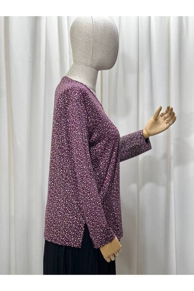 LİFERA Lifera Elegant Floral Patterned Combed Cotton Mother's Blouse, Large Size