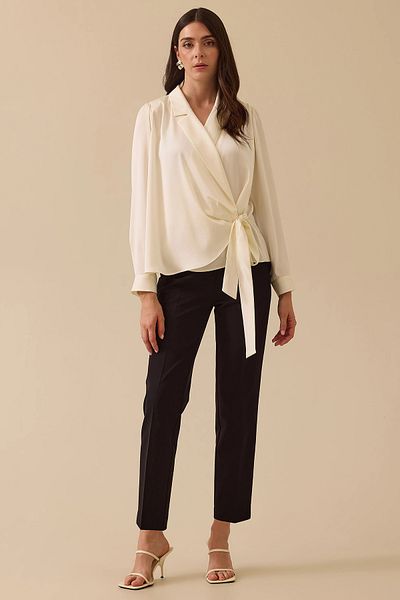 SEÇİL Women's Tied Double Breasted Satin Blouse 0018 Ecru Model