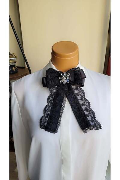 LO ADORO Kadın Kravat Özel Üretim Fiyonklu Vintage Taşlı Kravat