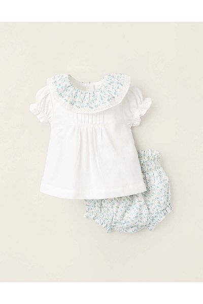 Ziddy Blouse + Bloomers Floral Pattern for Newborn Girls, White/Green