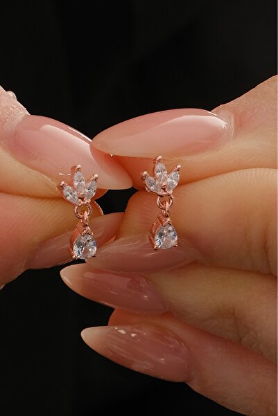 Söğütlü Silver Gümüş rose zirkon taşlı damla sallantılı lotus küpe SGTL12836ROSE