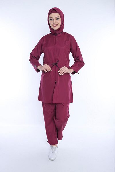 XORVİO Women's Full Length Zipper Burgundy Hijab Swimsuit Adjustable Waist Elastic Fit Burkini Water Repellent Fabric
