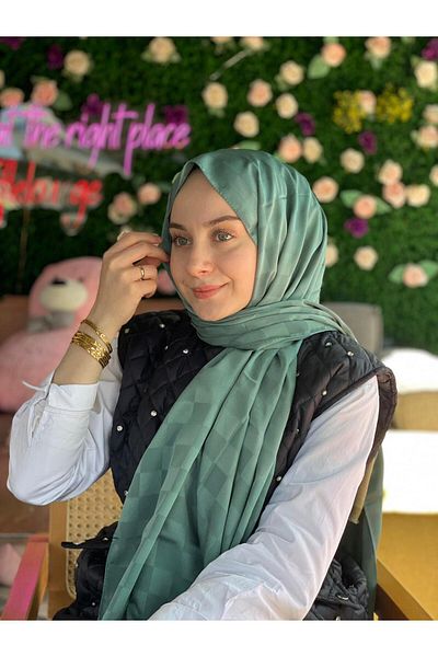 Sima Dark Mint Call Silk Jacquard Checkered Shawl