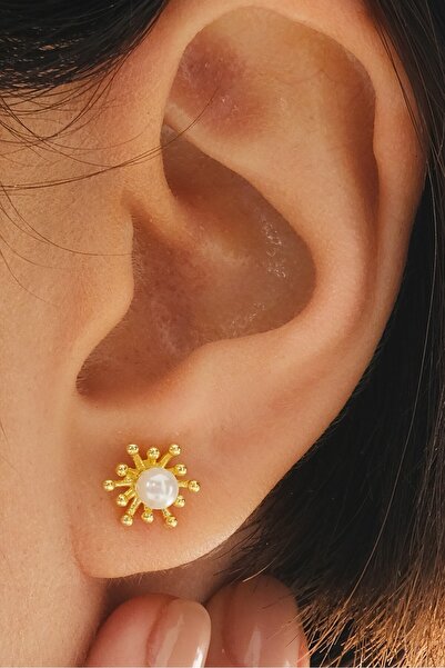 Söğütlü Silver Gümüş altın yadızlı incili tomurcuk küpe SGTL12841GOLD