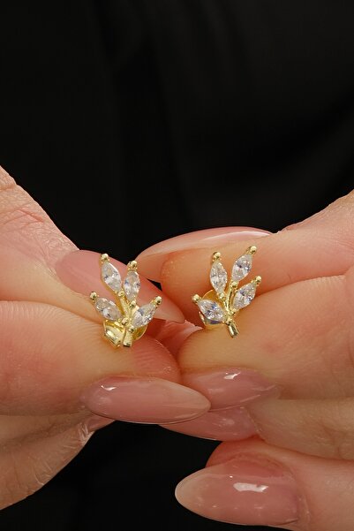 Söğütlü Silver Gümüş altın yaldızlı (MARKIZ) kesim zirkon taşlı yaprak küpe S...