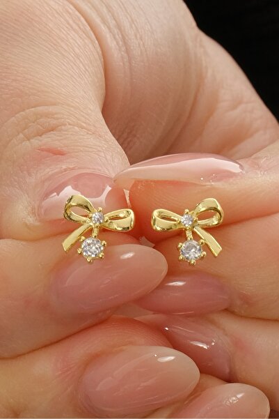 Söğütlü Silver Gümüş altın yaldızlı zirkon taşlı zarif fiyonk küpe SGTL12830GOLD