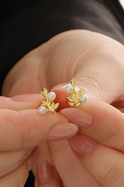 Söğütlü Silver Gümüş altın yaldızlı incili sarmaşık küpe SGTL12842GOLD