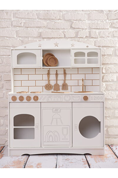 Buradadavar Hobi Ahşap Boyalı Beyaz Ahşap Oyuncak Bulaşık Makine Detaylı Mutf...