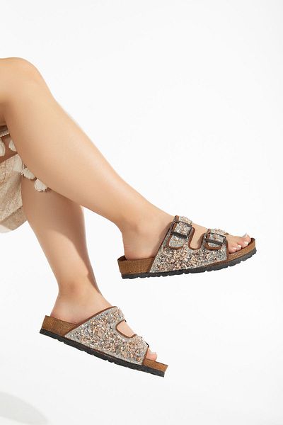 SUNSTEP Women's Natural Stone Tan Double Buckle Sea Stone Orthopedic Slippers