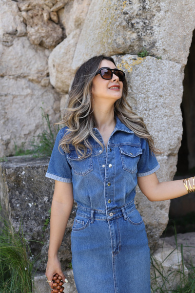 bytugcekaya Mavi Kısa Kol Midi Boy Premium Jean Elbise