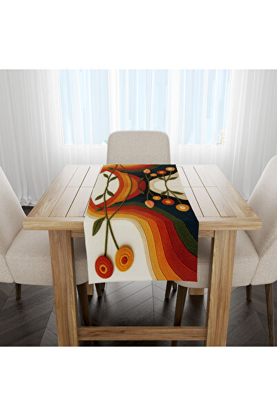 Hayal Dekoratif Nakış Desenli Dijital Baskılı Gökkuşaklı Çiçek Desenli 45x100'Cm Dekorasyon Runner Masa Örtüsü