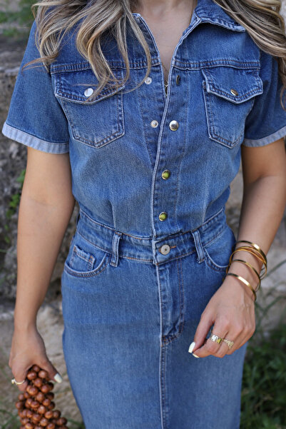 bytugcekaya Mavi Kısa Kol Midi Boy Premium Jean Elbise