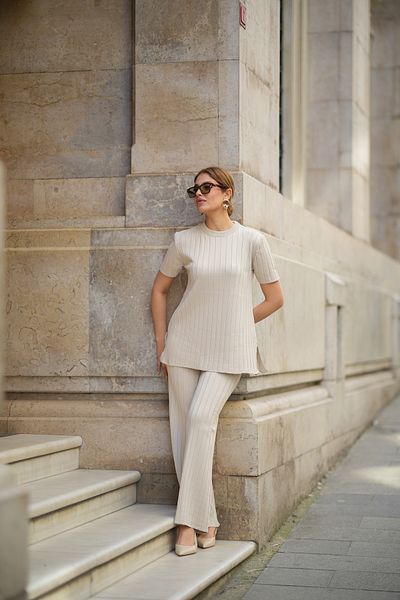 Lusin Women's Beige Summer Fabric Short Sleeve Blouse Pants Bottom Top Double Knitwear Set