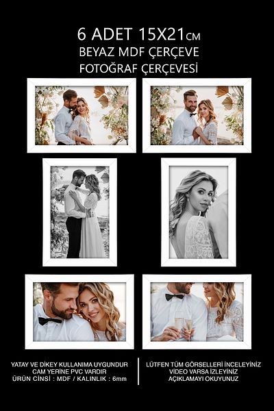 bymat 6 Pieces 15x21 Frame - White Frame - MDF A5 Frame - Multiple Photo Frame