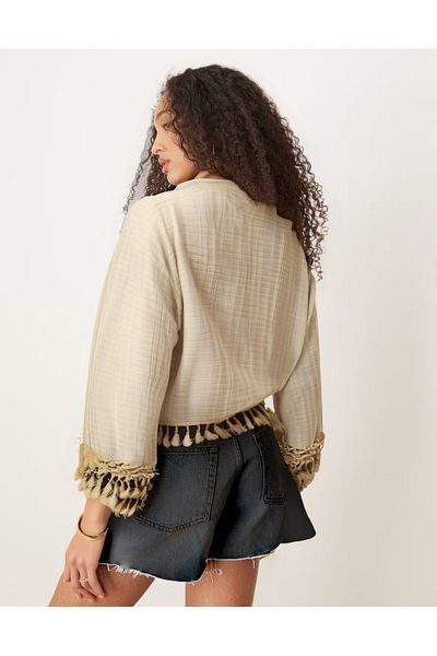 FASHION COCKTAIL Ζακέτα με μακρυμάνικη μπλούζα με λαιμόκοψη σε σχήμα V με κοχύλι Midyeli Ethnic Seaside