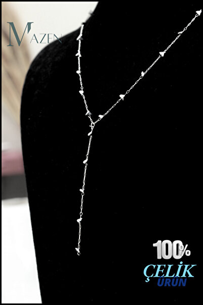 MAZEN قلادة فضية اللون على شكل حرف Y - فولاذ جراحي مع حجر أنثراسايت مكسور