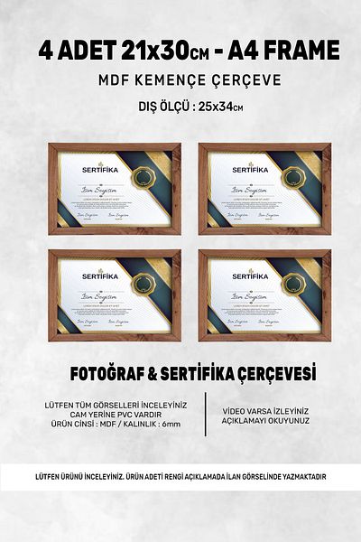 bymat 4 Pieces 21X30 Frame - A4 Frame - Certificate Frame - Photo Frame - Mdf Frame