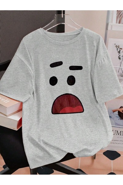 PALPİTO Žena Sivo Zbunjeno Lice Štampano Oversize kroj T-shirt