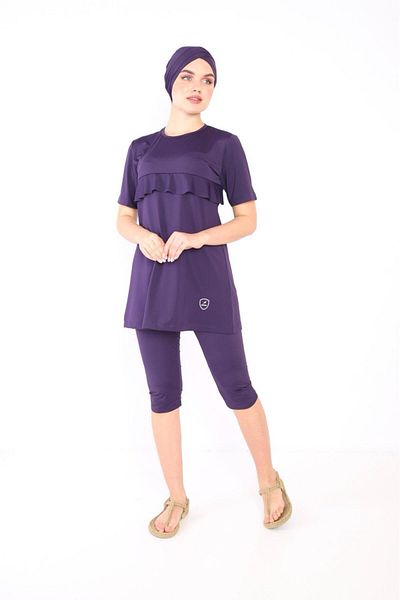 XORVİO Costum de baie Capri Burkini cu jumătate de mânecă supradimensionat pentru femei, țesătură hidrofugă, lycra, mărime mare, semi-acoperită pentru piscină