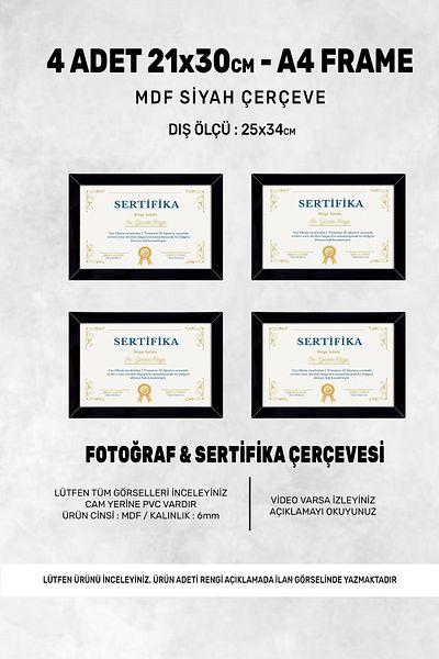 bymat 4 Pieces 21X30 Frame - A4 Frame - Certificate Frame - Photo Frame - Mdf Frame