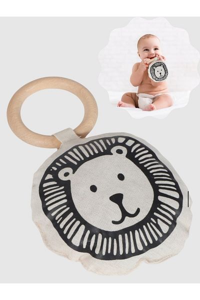 3Baby Natural Wooden Teether / Organic Cotton Fluffy Plush Toy / Lion